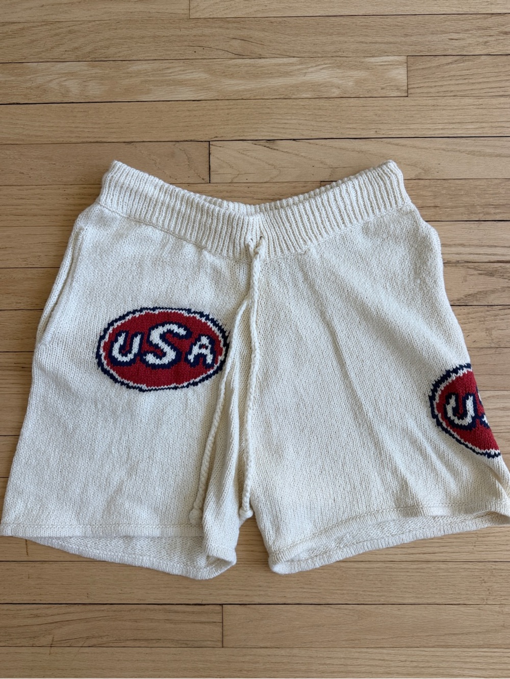 Cherry LA Cream Knit Men’s Shorts with Red & Blue USA intarsia